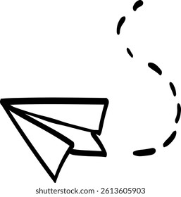 Simple black and white drawing of a paper airplane with a dashed line showing its flight path.