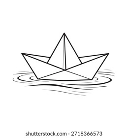Simple dibujo en blanco y negro de un barco de papel flotando en el agua