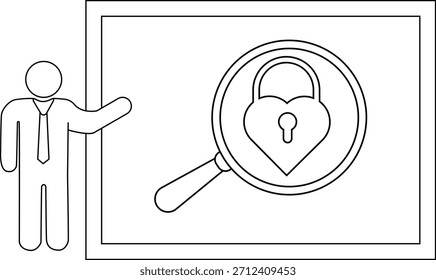 Un simple dibujo en blanco y negro de una persona que presenta un candado en forma de corazón bajo una lupa en una pizarra blanca
