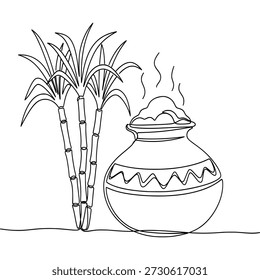 Simple dibujo en blanco y negro de una olla con comida y plantas de bambú a su lado, emitiendo vapor.