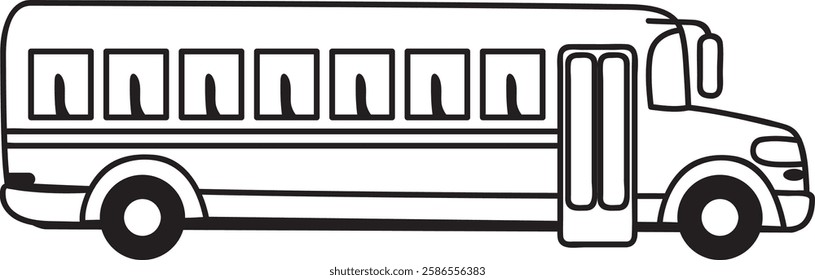 Simple black and white drawing of a school bus parked with open doors, ready to transport children to school, emphasizing safety and education