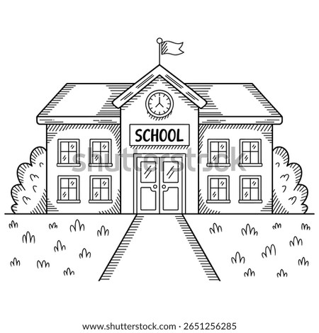 Simple black and white drawing of a school building with a clock and flag
