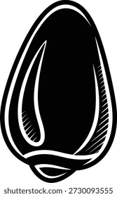 A simple black and white drawing of a seed or nut with a distinctive shape and outline