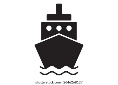 A simple black and white drawing of a ship on the water