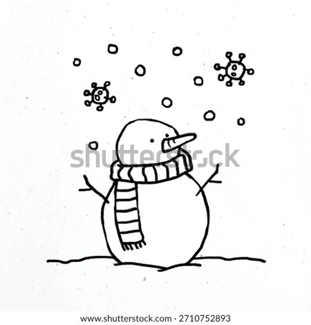Simple black and white drawing of a snowman with a scarf, surrounded by snowflakes. Snowman illustration with snowflakes, playful and minimalistic winter theme. Winter illustration vector.