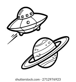 Simple black and white drawing of a spaceship near a ringed planet in space.