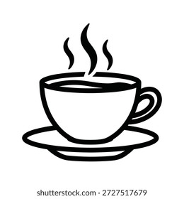 Simple dibujo en blanco y negro de una taza de café humeante en un platillo