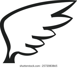 Simple black and white drawing of a stylized bird wing rising, representing freedom, elegance and lightness, ideal for logos and illustrations