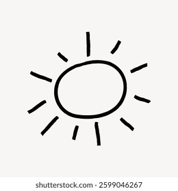 Simple black and white drawing of a sun. Sun illustration with rays. Hand-drawn sun design. Minimalist sun sketch with bold lines and radiant rays. Doodle vector illustration.