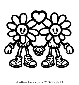 A simple black and white drawing of two smiling daisies. The flowers have faces, arms and wear sneakers. They are holding hands and have hearts above them.