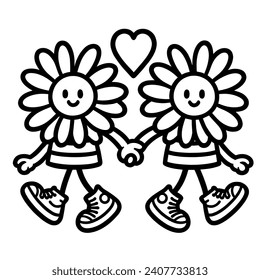 A simple black and white drawing of two smiling daisies. The flowers have faces, arms and wear sneakers. They are holding hands and have hearts above them.