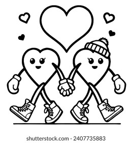 A simple black and white drawing of two smiling hearts, with faces, arms and wearing sneakers. They hold hands and have hearts above them.