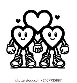 A simple black and white drawing of two smiling hearts, with faces, arms and wearing sneakers. They hold hands and have hearts above them.