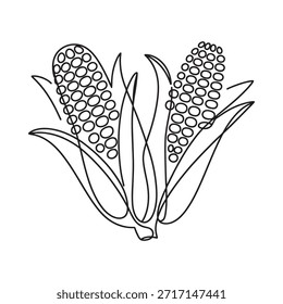 Un simple dibujo en blanco y negro de dos mazorcas de maíz con hojas