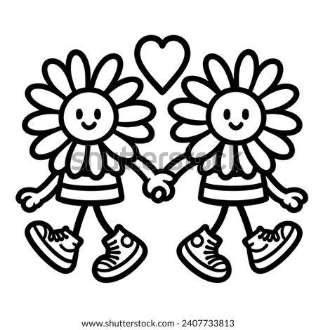 A simple black and white drawing of two smiling daisies. The flowers have faces, arms and wear sneakers. They are holding hands and have hearts above them.