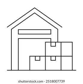 Simples desenho preto e branco de um edifício de armazém com caixas empilhadas colocadas na frente. Ideal para soluções de logística, envio, gerenciamento de estoque, armazenamento e armazenamento. Arte de linha minimalista