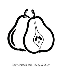 Simple black and white drawing of whole and cut pear