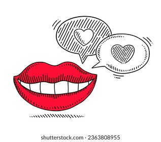 Sencillo dibujo en blanco y negro de la boca de una mujer de un solo color con burbujas de habla a su alrededor