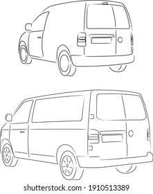 Simple black and white drawings of a utility van vehicle