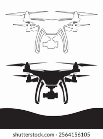 Simple Black and White Drone Silhouette Illustration. A clean, vector illustration of a drone's black and white silhouette. line art and fill drone icon