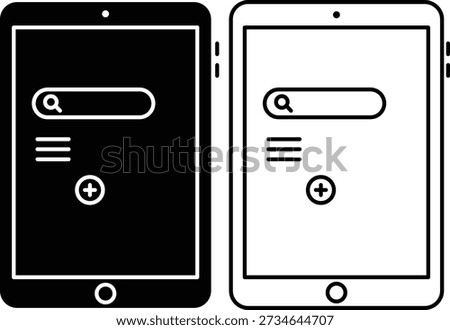 A simple black and white dual tablet interface design depicts filled and outline mobile app UI screens with search bar, menu icons, and add button elements for modern digital application layout.