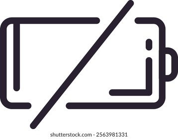 Simple black and white empty battery icon with a diagonal line through it, representing a low power or no charge status, suitable for user interface and graphic design projects