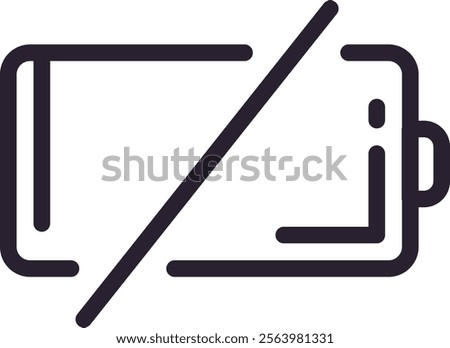 Simple black and white empty battery icon with a diagonal line through it, representing a low power or no charge status, suitable for user interface and graphic design projects