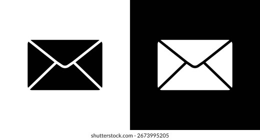 Icono de sobre blanco y negro simple aislado en fondos blancos y negros. Perfecto para conceptos de correo electrónico, mensajería o comunicación.