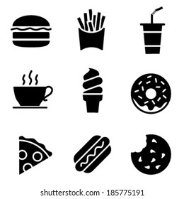 Simple Black and White Fast Food Icons - Vector