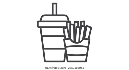 Simple Black and White Fast Food Icons, Fries and soda vector illustration in simple line art design isolated on white background. Flat style of fast food icon,