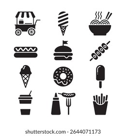 Simple black and white fast food icons collection