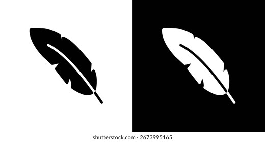 Gráfico simple del icono de la pluma en blanco y negro, aislado en fondos blancos y negros. Perfecto para proyectos de escritura, naturaleza o diseño.