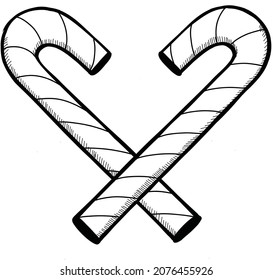 Simple black and white flat vector of two candy canes crossing to make a heart, digital ink vintage style, simple line art design, holiday Christmas time isolated vector icon, hand drawn ink 