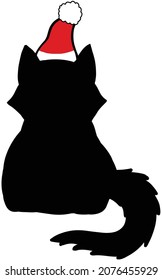 Simple black and white flat vector silhouette of black cat with red Santa hat, cute animal Christmas illustration, solo hand drawn vector, digital ink vintage cartoon style, single holiday icon