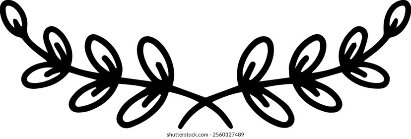 Simple black and white floral branch divider with leaves and buds, forming a symmetrical and elegant design, suitable for various decorative purposes