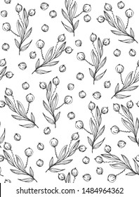 Simple Black and White Floral Seamless Vector Pattern. Abstract Black Twigs with Berries Isolated on a White Background. Sketched Botanic Print Ideal for Fabric, Textile, Wrapping Paper, Card.