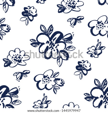 Simple black and white floral seamless pattern. Decorative meadow repeatable motif for fabric, textile, web and print surface project. Laconic minimal grass and flowers rapport. 
