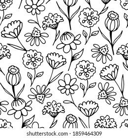 Einfache, blühende, schwarz-weiße Vektorgrafik mit nahtlosem Muster. Verschiedene Blumen im Doodle-Stil. Für Drucke von Textilien, Textilien, Verpackungen, Kleidung.