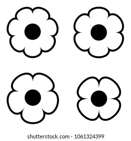 Simple black and white flower icon symbol logo set. A simple minimalist elements set, black and white flowers, isolated, mostly white with an outline.