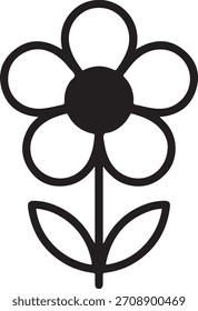 Simple black and white flower icon with rounded petals, a dark center, stem, and two leaves. Minimalist floral design.