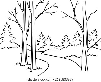 Simple Black And White Forest Illustration With A Winding Path And Trees