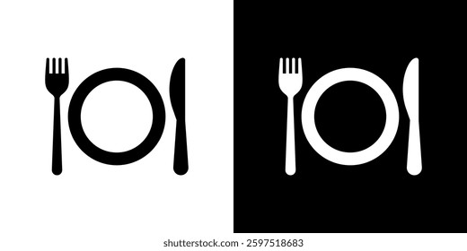 Simple black and white fork, knife, and plate graphic for restaurant or food design