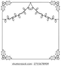 Un marco blanco y negro simple decorado con hojas de acebo y luces de cuerda brillantes para ocasiones festivas