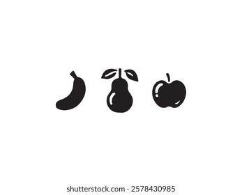 Simple Black and White Fruit Icons: Banana, Pear, and Apple.A graphic design featuring three fruit icons – a banana, pear, and apple – in solid black silhouette against a white background.