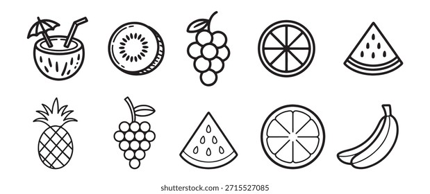 Ilustraciones simples de frutas en blanco y negro, incluidas frutas tropicales y variedades comunes, en un estilo limpio.