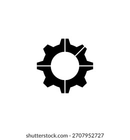 Um simples ícone de engrenagem preto e branco com um círculo central, adequado para várias aplicações técnicas e de design.