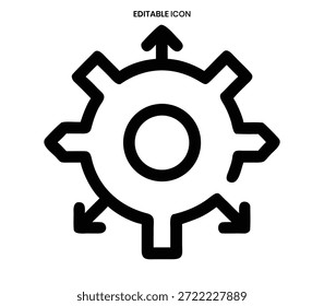 Ícone simples de engrenagem preto e branco com setas, representando ajustes ou ajustes do sistema.