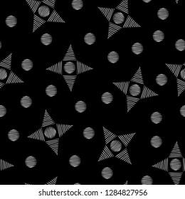 Simple black and white geometric vector seamless pattern. Memphis style inspired elements - triangles and circles, star shapes. Monochromatic line art drawings.