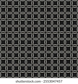 Padrão contínuo simples de vetor geométrico preto e branco. Textura mínima com linhas curvas, pequenos quadrados arredondados. Fundo monocromático escuro com estilo. Abstrato repetir design para decoração, tecido, impressão