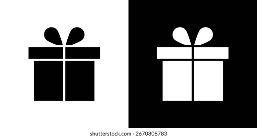 Simple black and white gift box icon, isolated on both white and black backgrounds. Perfect for websites or apps.